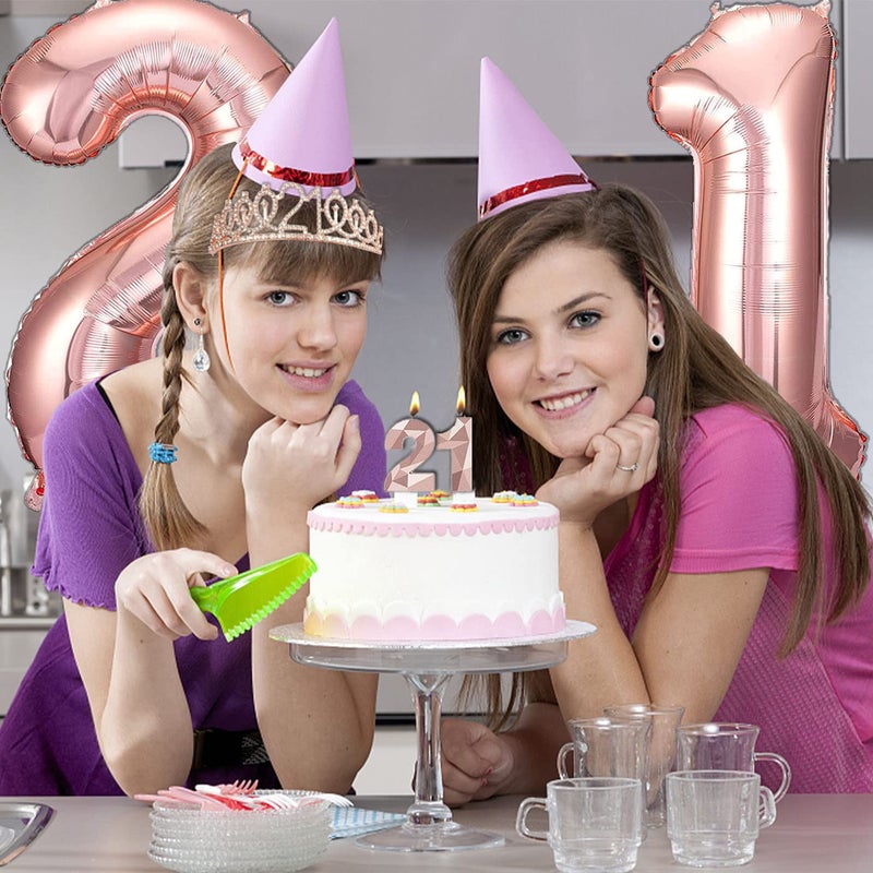 Awfrky 21st Birthday Gifts Decorations for Her  Including 21st Happy Birthday Cake Toppers  Birthday Queen Sash with Pearl Pin  Sweet Rhinestone Tiara Crown  Number Candles and Balloons Set  Rose Gold - Image 5